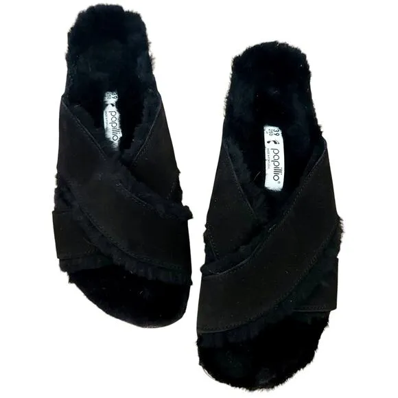 BIRKENSTOCK Papillio Daytona suede shearling sandals black slides Birks 39 8 8.5