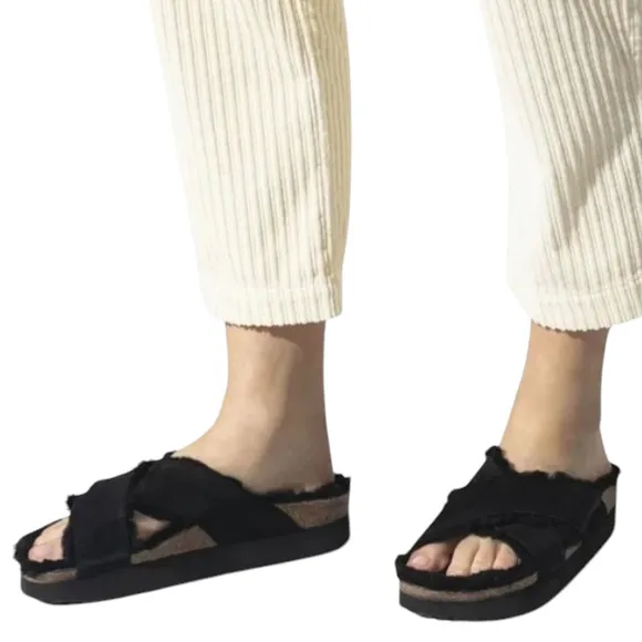 BIRKENSTOCK Papillio Daytona suede shearling sandals black slides Birks 39 8 8.5