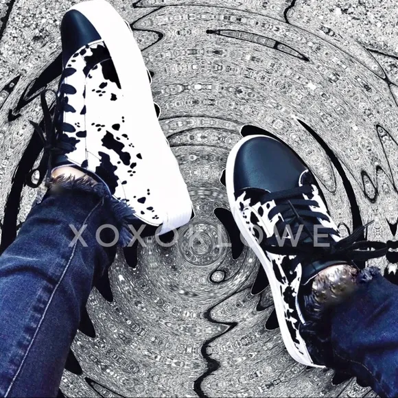 Black Cow Print Faux Suede Platform Fashion Sneakers