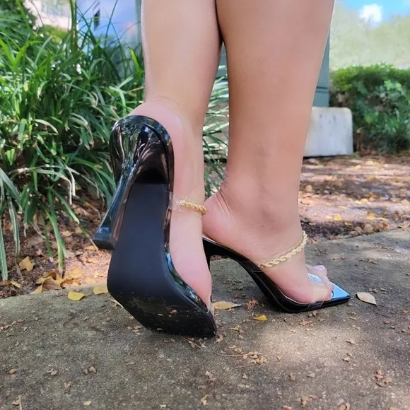 Black PAT Clear Chain Decor Stiletto Mules