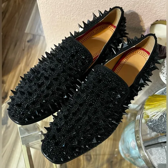 Black with Red Bottom Soles Spiked Studded Rivets Slip On Dress Shoes/Loafers 41