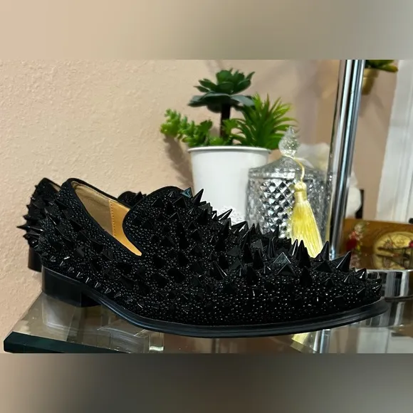 Black with Red Bottom Soles Spiked Studded Rivets Slip On Dress Shoes/Loafers 41
