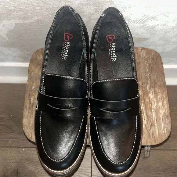 BLONDO Daina Black Chunky Heel Waterproof Platform Penny Loafers, 9.5