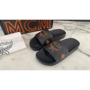 BNWT MCM Womens Black/Cognac Visetos Print Leather Slides Slippers, Size 39 US 9