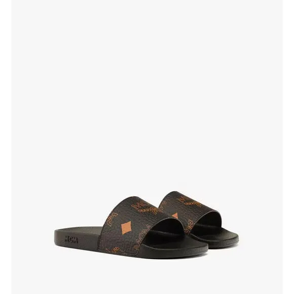 BNWT MCM Womens Black/Cognac Visetos Print Leather Slides Slippers, Size 39 US 9