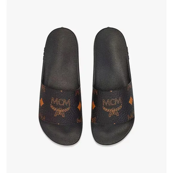 BNWT MCM Womens Black/Cognac Visetos Print Leather Slides Slippers, Size 39 US 9