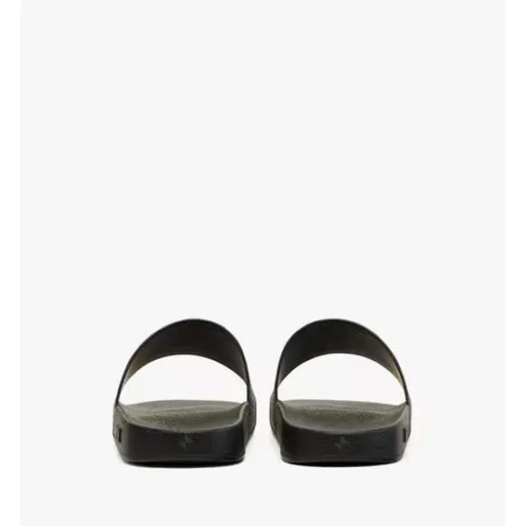 BNWT MCM Womens Black/Cognac Visetos Print Leather Slides Slippers, Size 39 US 9
