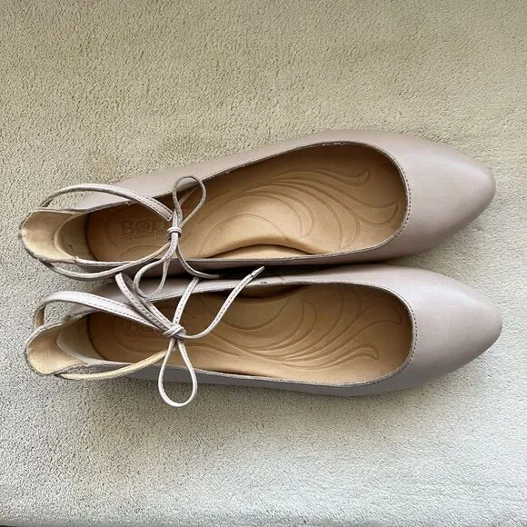 Born Kharen Beige Tan Natural Leather Ballet Flat Women 7 Tie Ankle Strap Casual