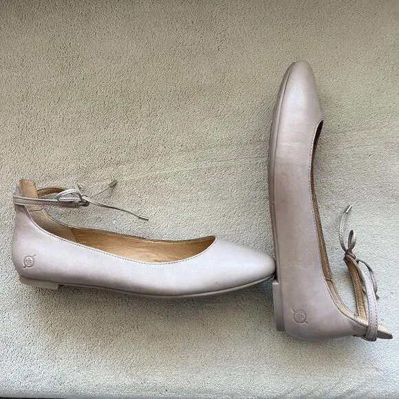 Born Kharen Beige Tan Natural Leather Ballet Flat Women 7 Tie Ankle Strap Casual