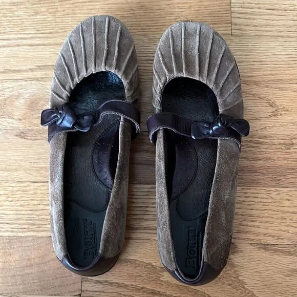 Born W11238 Ruched Brown Leather Mary Jane Strap Bow Slip-on Loafer Flats-8.5/40