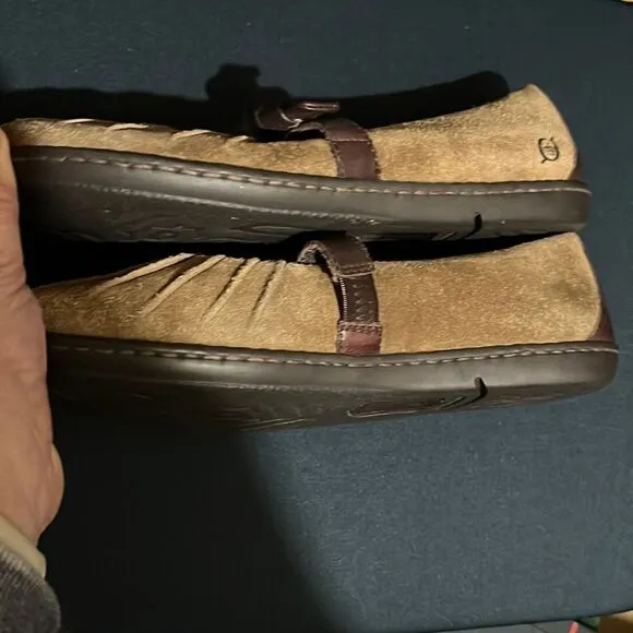 Born W11238 Ruched Brown Leather Mary Jane Strap Bow Slip-on Loafer Flats-8.5/40