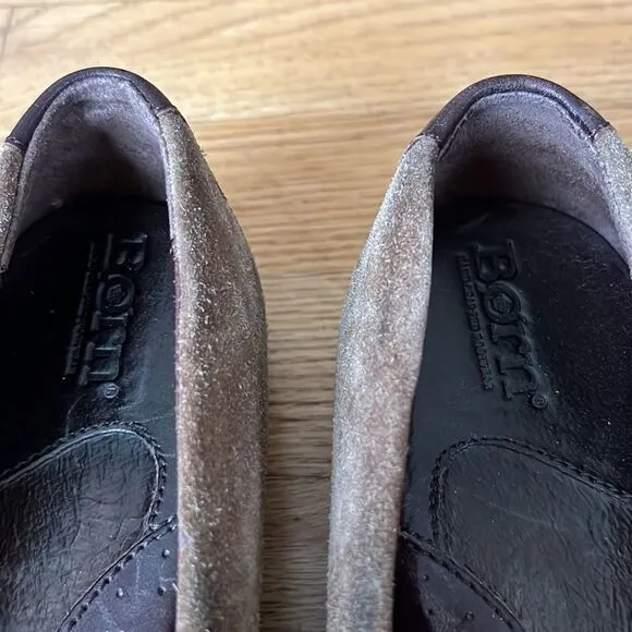 Born W11238 Ruched Brown Leather Mary Jane Strap Bow Slip-on Loafer Flats-8.5/40