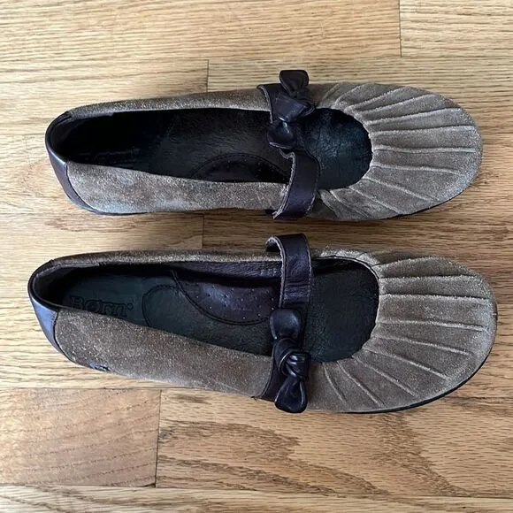 Born W11238 Ruched Brown Leather Mary Jane Strap Bow Slip-on Loafer Flats-8.5/40