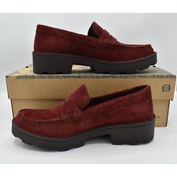 Born Women Sz 10 Carrera Lugged Sole Burgundy Suede Slip On Penny Loafers Shoes