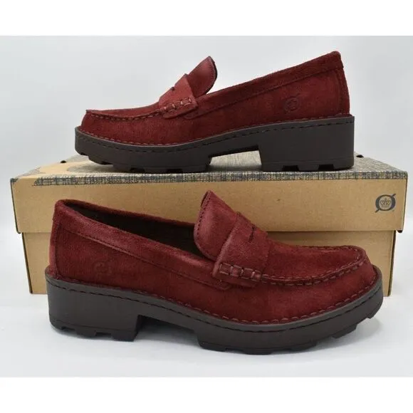 Born Women Sz 10 Carrera Lugged Sole Burgundy Suede Slip On Penny Loafers Shoes