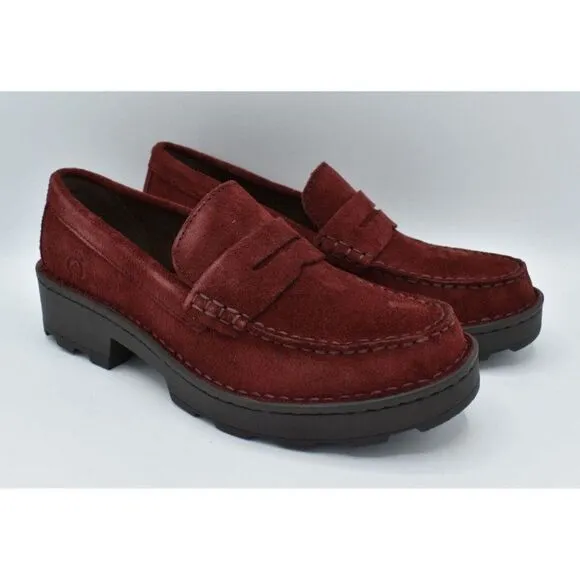 Born Women Sz 10 Carrera Lugged Sole Burgundy Suede Slip On Penny Loafers Shoes