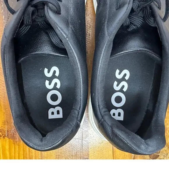 Boss Men's Rhys Low Profile Sneaker Black Leather Size 45 (12 US) Sleek, Stylish
