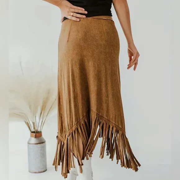Brown Tassel Hem Midi Skirt