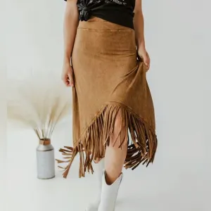 Brown Tassel Hem Midi Skirt