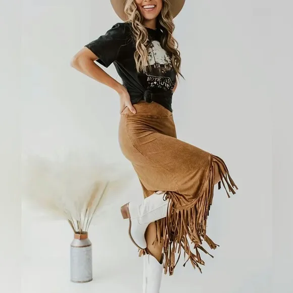 Brown Tassel Hem Midi Skirt