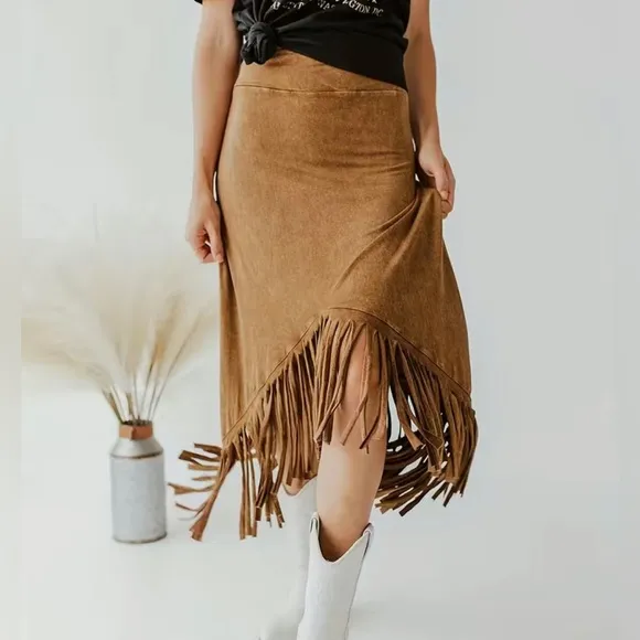 Brown Tassel Hem Midi Skirt