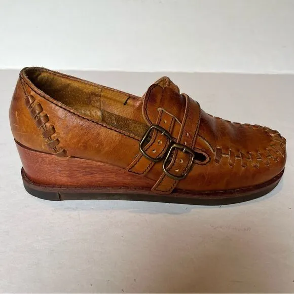 Buskens Women's Chunky Wooden Heel Leather Brown Loafers Size7M Slip on