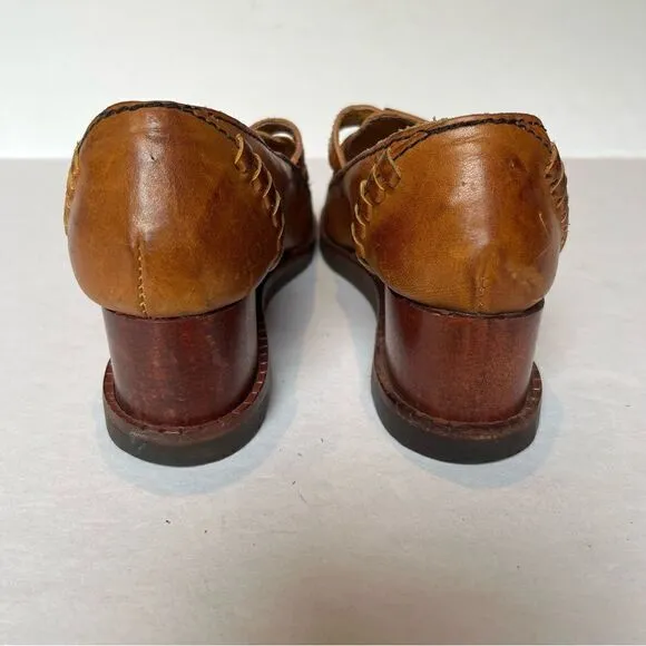 Buskens Women's Chunky Wooden Heel Leather Brown Loafers Size7M Slip on