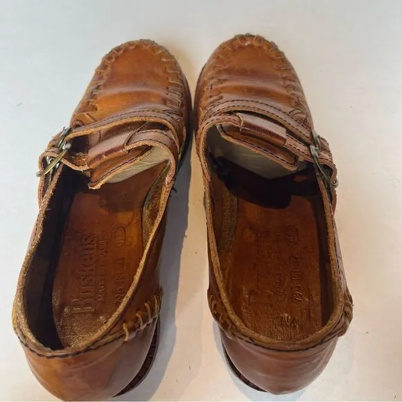 Buskens Women's Chunky Wooden Heel Leather Brown Loafers Size7M Slip on