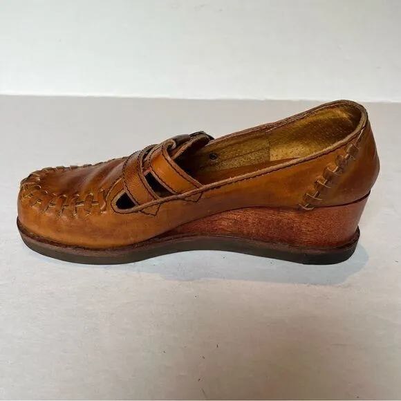 Buskens Women's Chunky Wooden Heel Leather Brown Loafers Size7M Slip on