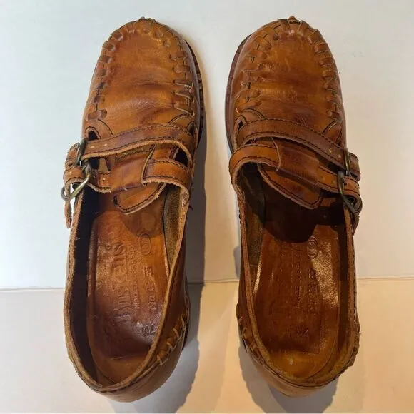 Buskens Women's Chunky Wooden Heel Leather Brown Loafers Size7M Slip on
