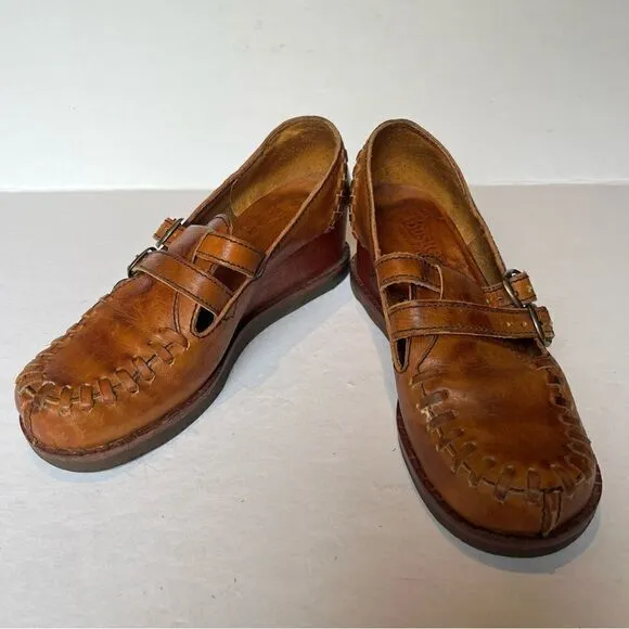 Buskens Women's Chunky Wooden Heel Leather Brown Loafers Size7M Slip on