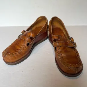 Buskens Women's Chunky Wooden Heel Leather Brown Loafers Size7M Slip on