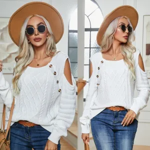 Buttoned Elegance Cold Shoulder Sweater - White