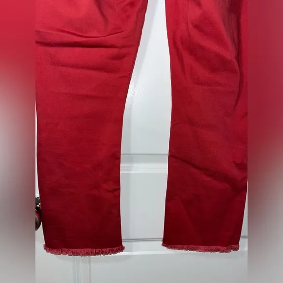 CAbi Maroon Capri Cut Frayed End Trim Hi-Low Crop Zipper Button Jeans Sz 4
