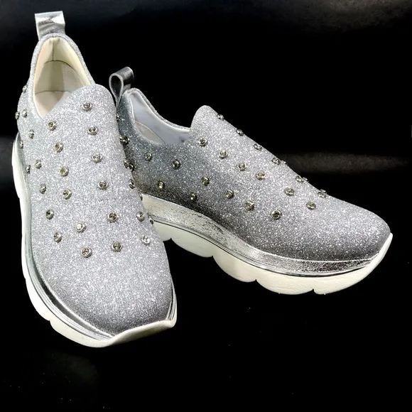 CAFeNOIR 🇮🇹 WOMENS SILVER STRETCH FABRIC SOFT FASHION SNEAKERS