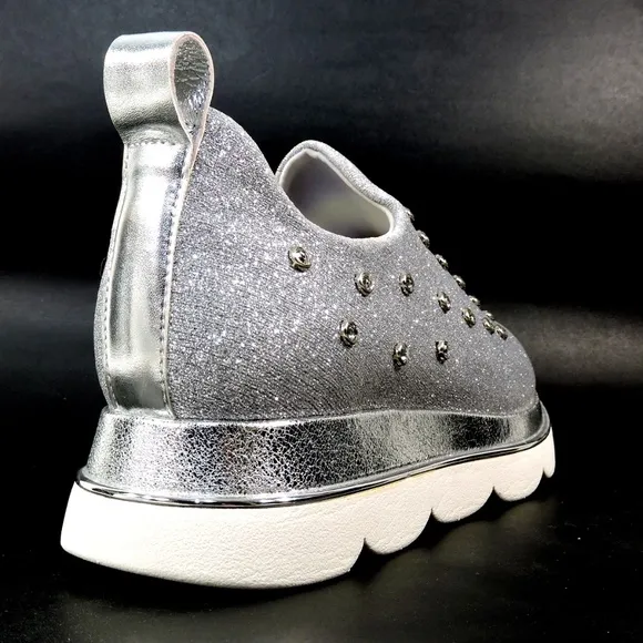 CAFeNOIR 🇮🇹 WOMENS SILVER STRETCH FABRIC SOFT FASHION SNEAKERS