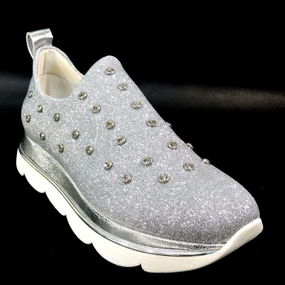 CAFeNOIR 🇮🇹 WOMENS SILVER STRETCH FABRIC SOFT FASHION SNEAKERS