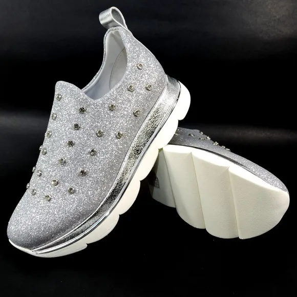 CAFeNOIR 🇮🇹 WOMENS SILVER STRETCH FABRIC SOFT FASHION SNEAKERS
