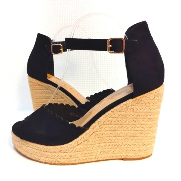 CCOCCI Jessie Espadrilles Wedge Sandal Black Suede Like w/ Ankle Buckle Strap