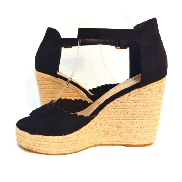 CCOCCI Jessie Espadrilles Wedge Sandal Black Suede Like w/ Ankle Buckle Strap