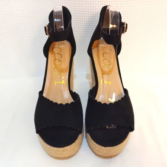 CCOCCI Jessie Espadrilles Wedge Sandal Black Suede Like w/ Ankle Buckle Strap