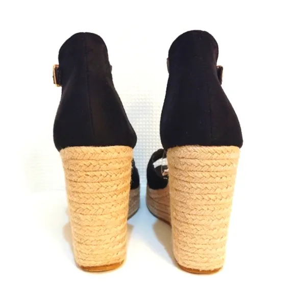 CCOCCI Jessie Espadrilles Wedge Sandal Black Suede Like w/ Ankle Buckle Strap