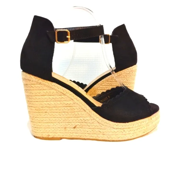 CCOCCI Jessie Espadrilles Wedge Sandal Black Suede Like w/ Ankle Buckle Strap
