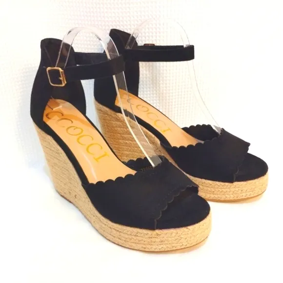 CCOCCI Jessie Espadrilles Wedge Sandal Black Suede Like w/ Ankle Buckle Strap