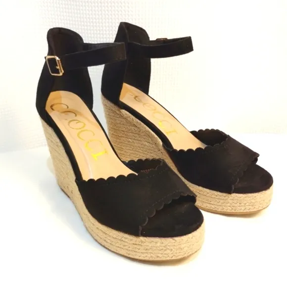 CCOCCI Jessie Espadrilles Wedge Sandal Black Suede Like w/ Ankle Buckle Strap