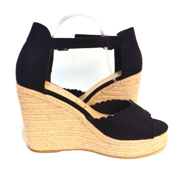 CCOCCI Jessie Espadrilles Wedge Sandal Black Suede Like w/ Ankle Buckle Strap