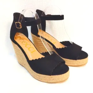 CCOCCI Jessie Espadrilles Wedge Sandal Black Suede Like w/ Ankle Buckle Strap