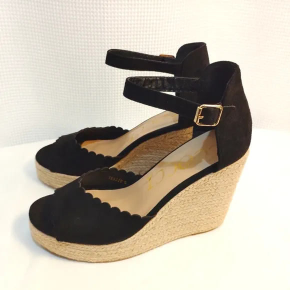 CCOCCI Jessie Espadrilles Wedge Sandal Black Suede Like w/ Ankle Buckle Strap
