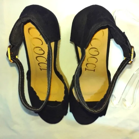 CCOCCI Jessie Espadrilles Wedge Sandal Black Suede Like w/ Ankle Buckle Strap