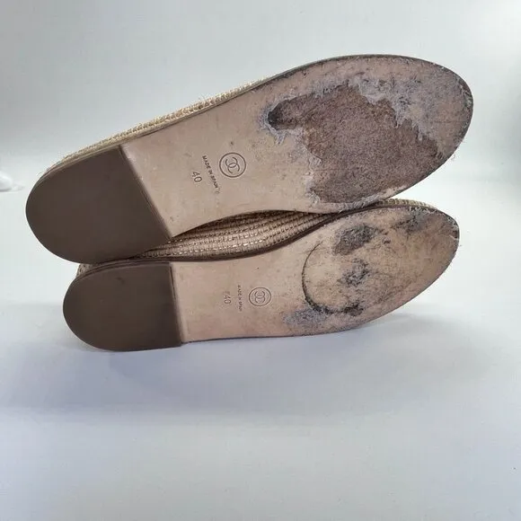 Chanel CC Espadrille Flats Size 40 Beige/Black Leather and Woven Raffia